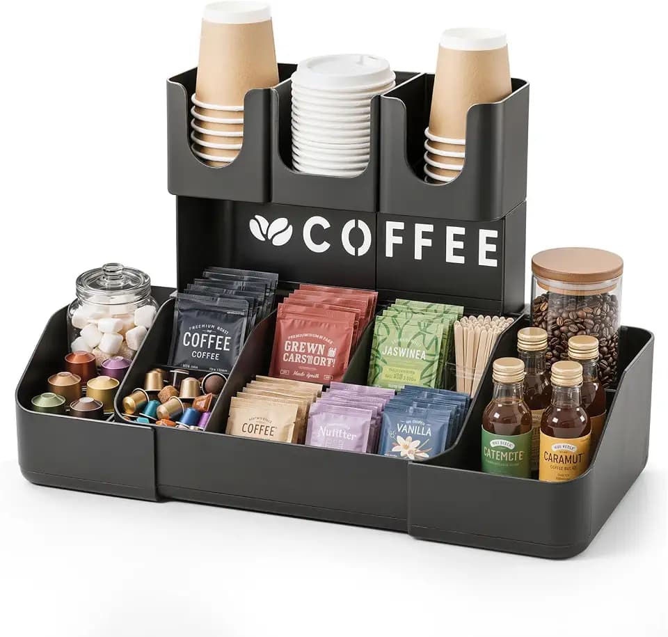 JYPS Kaffee Organizer for Countertop, 2 Etagen Tassenhalter mit 11 Compartments, Verstellbarem Kaffee Regal für Kaffeebar-Zubehör, Teebeutel, Kaffeekapseln, Bürolounge,Küche