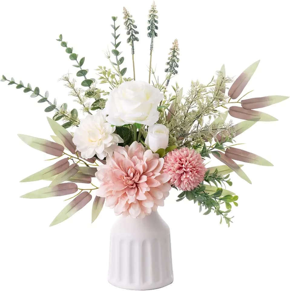Fake Flowers in Vase, Artificial Flowers with Vase, 15.7'' Floral Arrangements for Dining Table Centerpiece Decor, Silk Roses & Faux Dahlia Bouquet for Farmfouse Kitchen Coffee Table Decor (Pink)