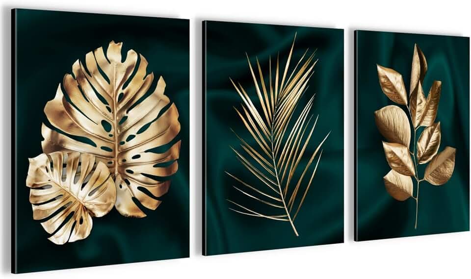 Novart Wandbilder Set Goldene Blätter - KOMPLETT AUFHÄNGFERTIG - Wohnzimmer Schlafzimmer Flur Deko - 3 Moderne Bilder Grün Gold - N034435a