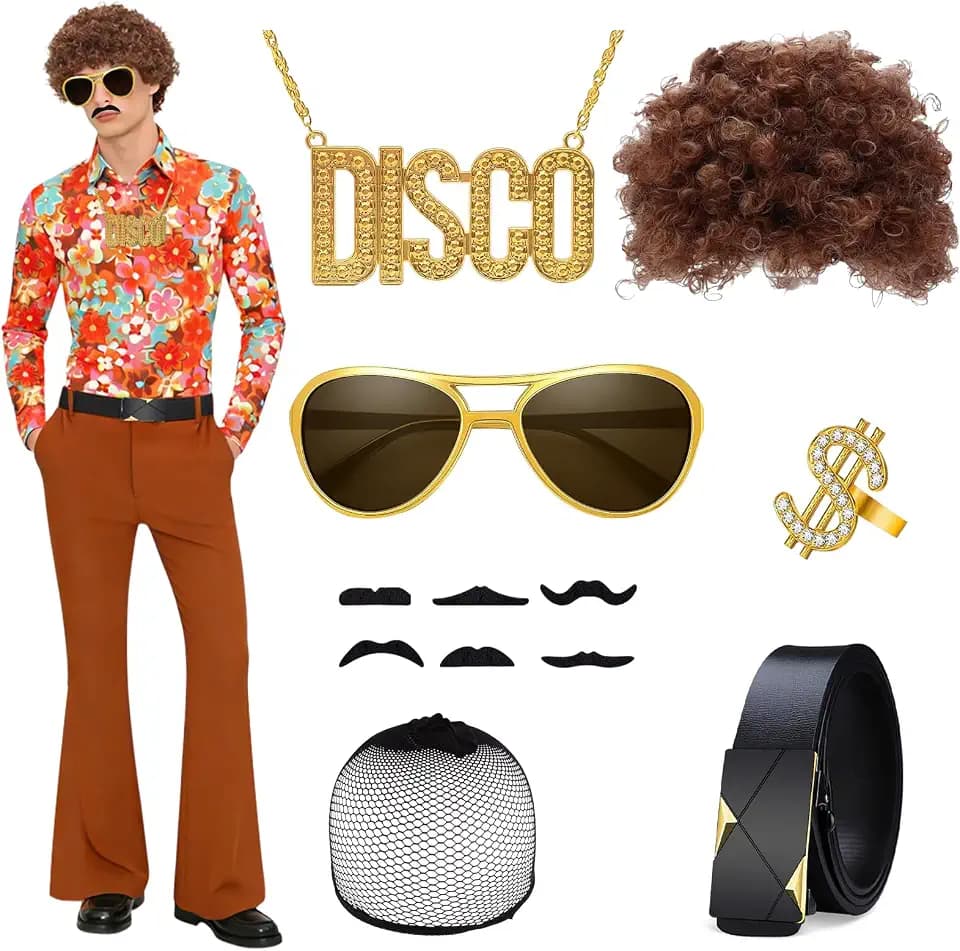 TOLOYE 70s Outfits for Men, 9 Pcs Disco Costume Outfits with Accessories