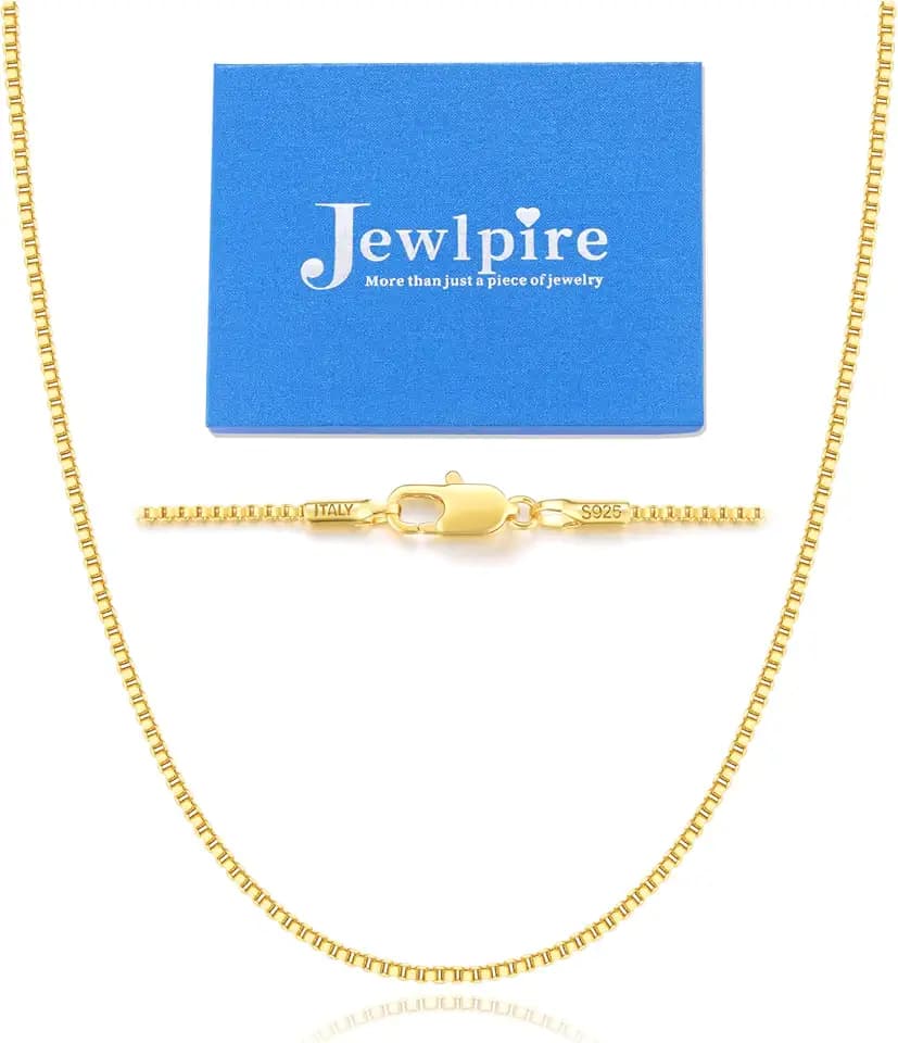 Jewlpire 1.3mm Box Chain 14K Gold Plated 925 Sterling Silver Chain Necklace for Women, Sturdy Womens Chains Necklace 14 16 18 20 22 24 26 Inches