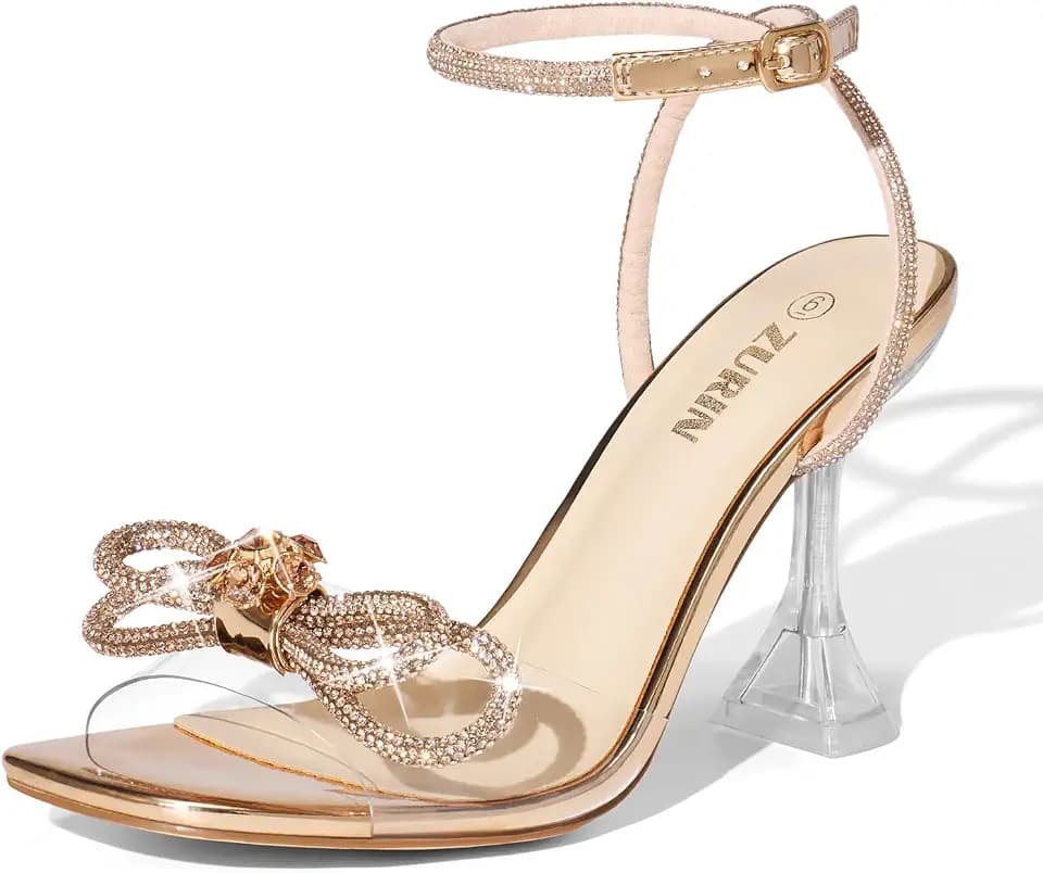 ZURIN Women's Bow Rhinestone Heels Clear Heeled Sandals Prom Crystal Shoes