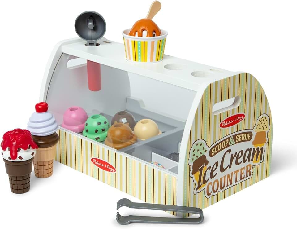 Melissa & Doug - Eisdiele aus Holz, 28-teilig, Für das Eisdielen-Rollenspiel mit 8 Sorten Eiscreme, Eistüten und Eisbecher, Spielgeld inklusive, Für Kinder ab 3 Jahren