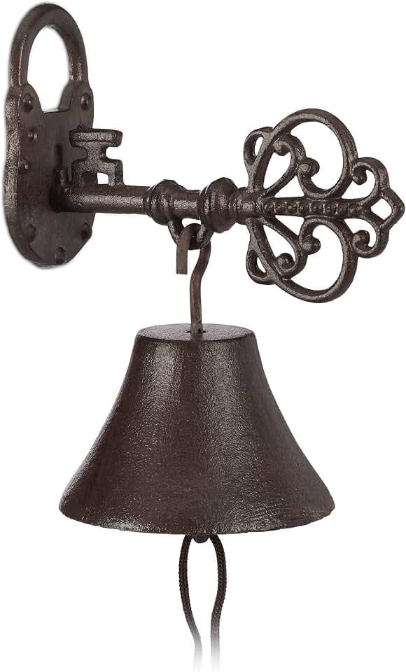 Relaxdays Türglocke aus Gusseisen, Schlüssel und Schloss, Nostalgiecharme, für Haus und Garten, Landhausstil, rostbraun, 1 Stück, Braun