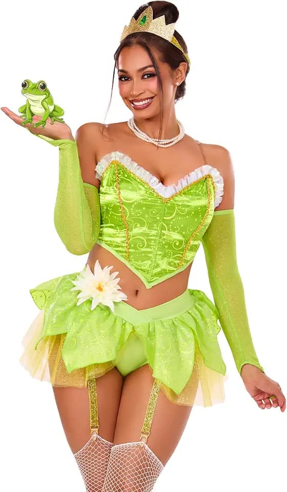 Bayou Babe Costume Includes Bustier Top, Petal Skirt Garter Panty, Pin-on Flower, Clear Straps, Gauntlet Gloves, and Crown