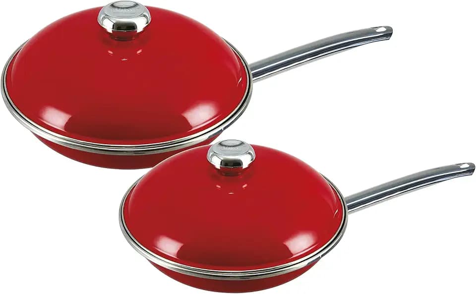 VITA 4-Piece Skillet Set with Lids, Enamel on Steel, Red, Dishwasher & Oven Safe up to 350? Quick & Even Heat Distribution, Non Stick, Scratch Resistant, High Gloss