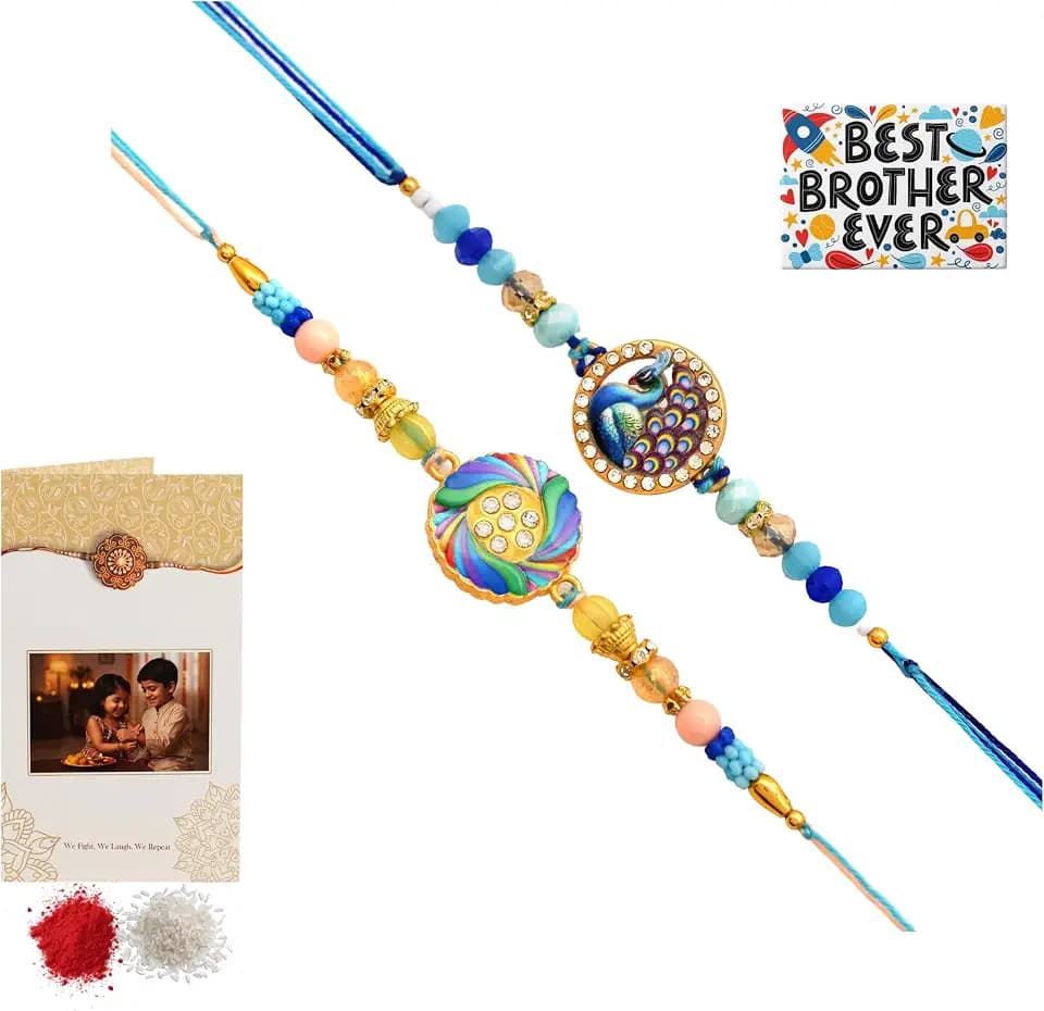 Designer Rakhi Set of 2 for Brother with Greeting Card, Roli Chawal & Fridge Magnet | Raksha Bandhan Gift Combo