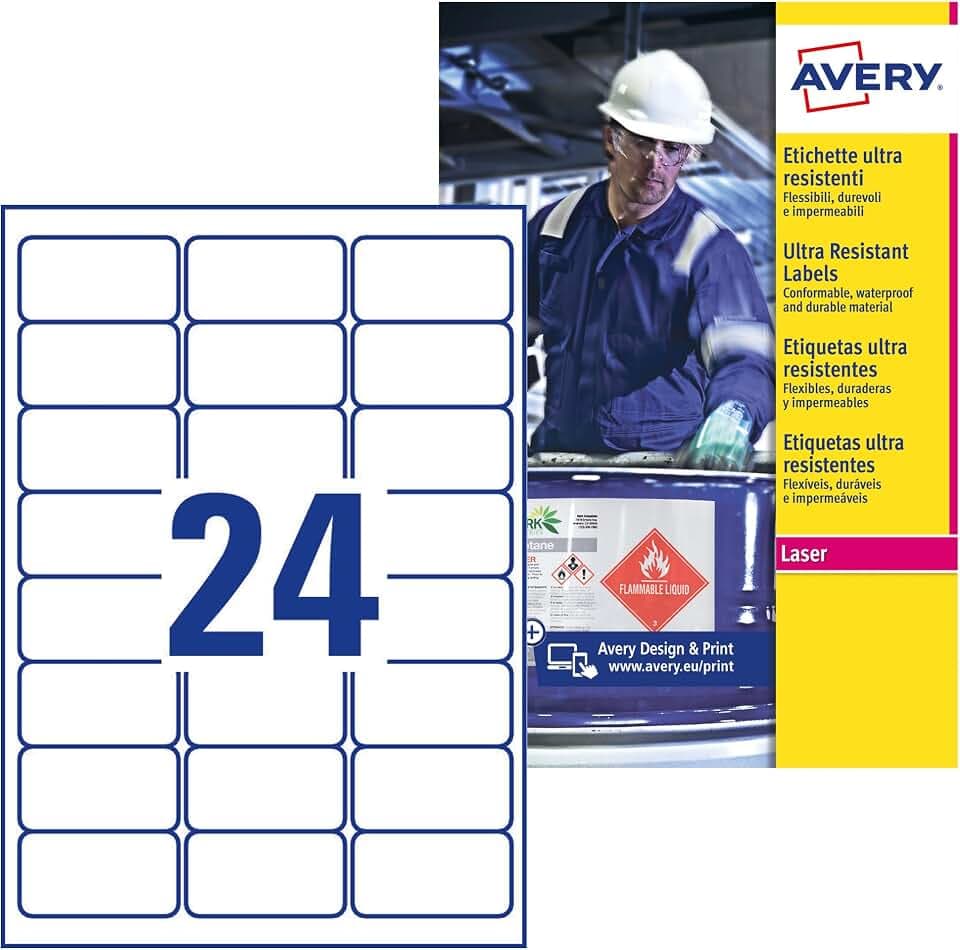 Avery Zweckform L7912-10 Ultra-Resistente Folien-Etiketten, 63.5 x 33.9 mm, 10 Blatt, 240 Etiketten, weiß