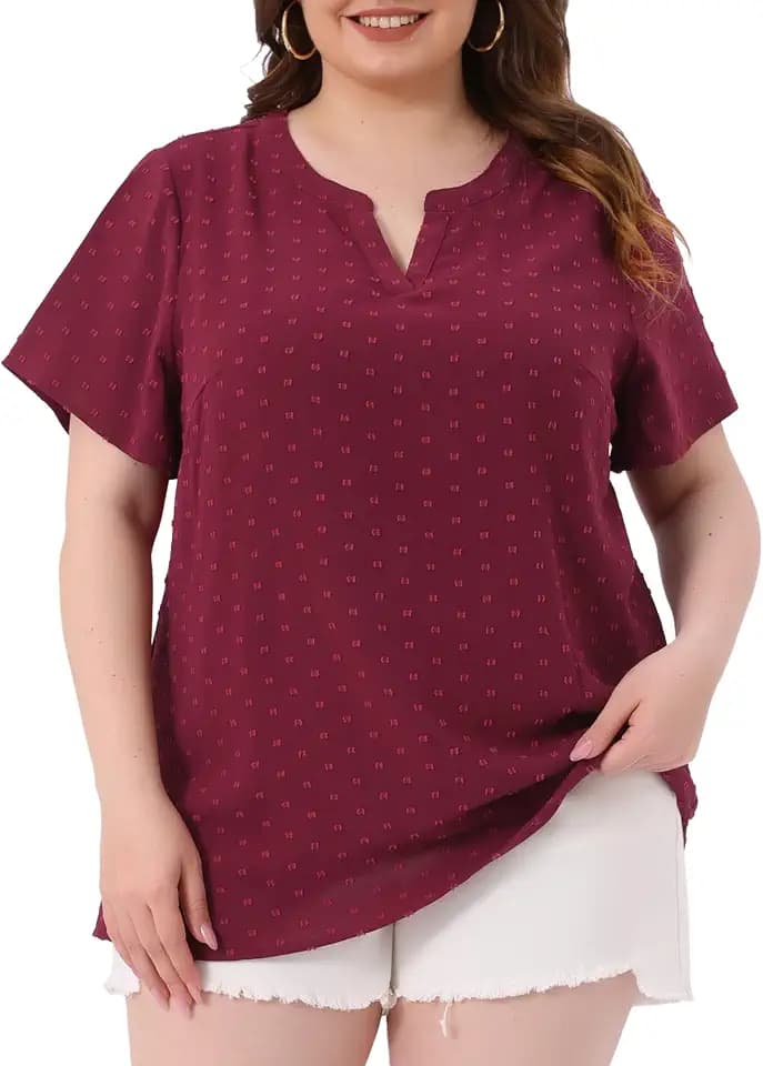 Agnes Orinda Plus Size Summer Tops for Women Swiss Dots Notched Neck Short Sleeve Cute Basic Blouse