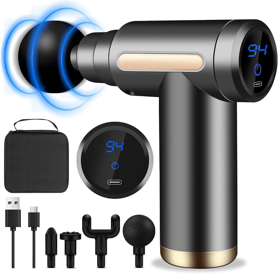 AQXONG Mini Muskelmassagepistole, Tragbares Elektrisches Massagegerät mit LCD Display, Ultraleise Massagepistole 45DB, 6 Geschwindigkeiten, 4 Massageköpfe, Wiederaufladbare Massagepistole