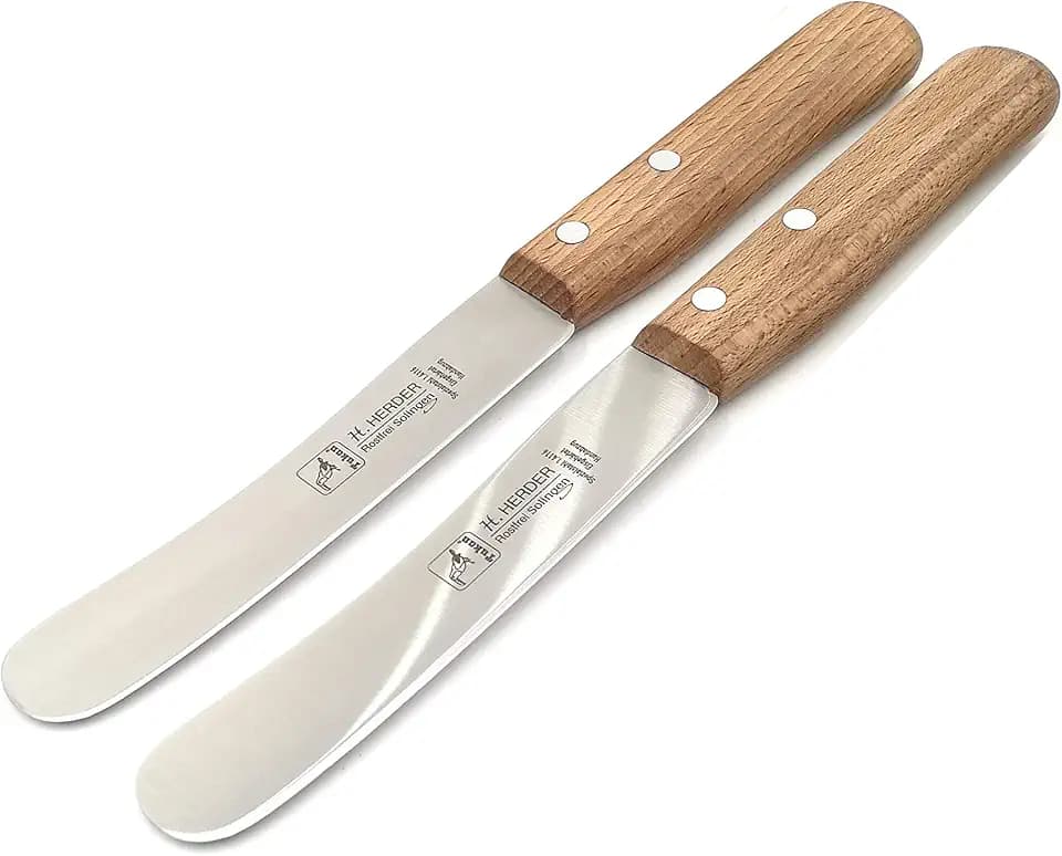 2 Brötchenmesser Frühstücksmesser Brotmesser Herder Solingen Buckelsmesser Buttermesser 22cm Spezialstahl 1,5mm stark rostfrei Buche echter Handabzug