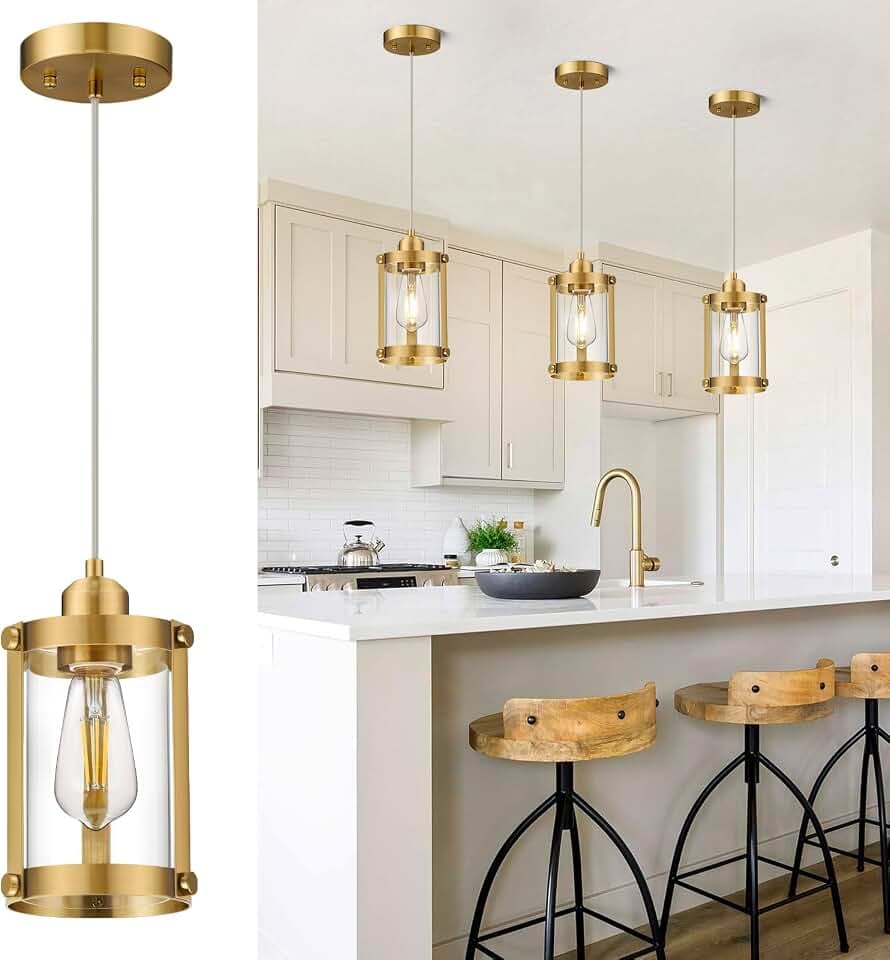 Brushed Gold Pendant Lights Kitchen Island, Clear Glass, 1-Light