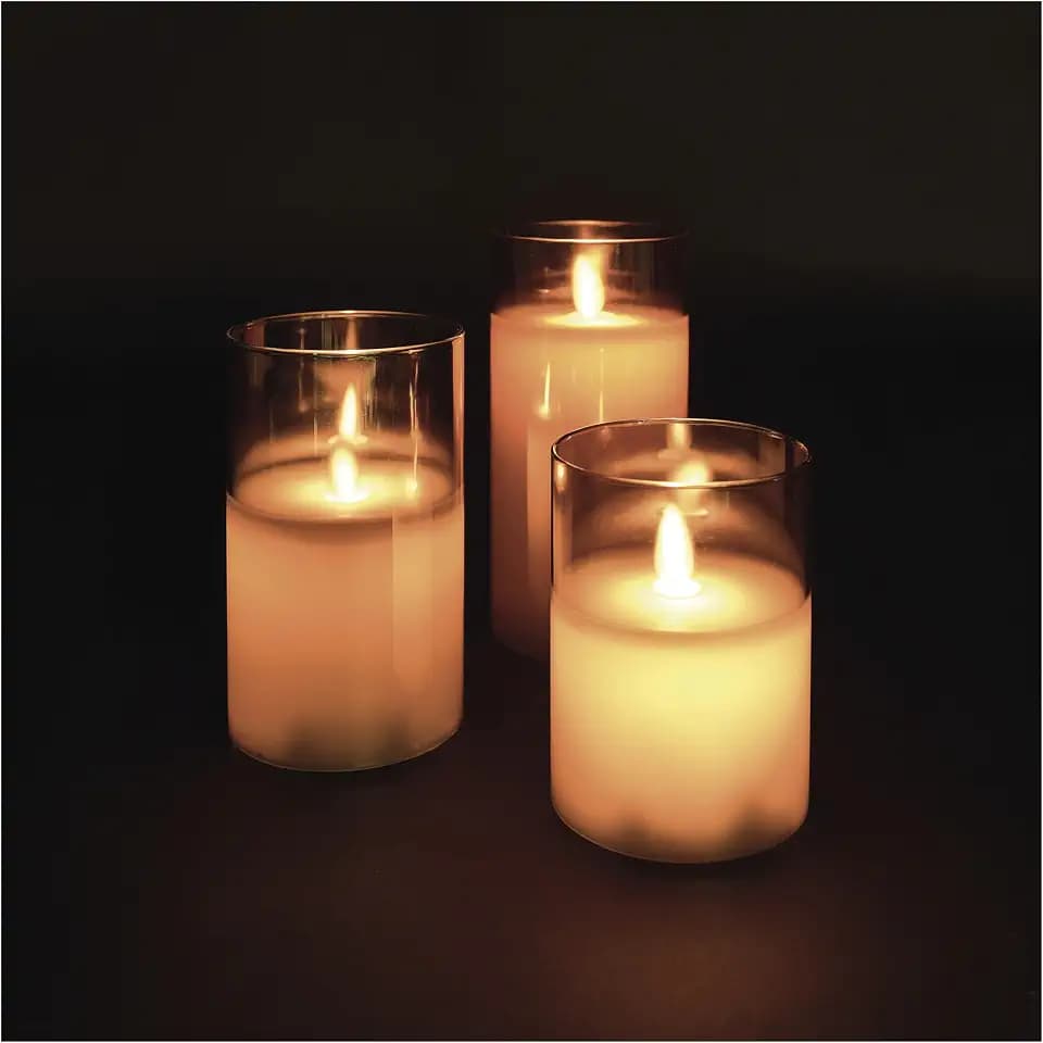 EMOS - LED Kerzen in Glasdose, 3 Stück - tanzende Flamme, Warmweiß - 6h Timer, batteriebetrieben (je 2x AA) - Lebensdauer 10000 Stunden - für Innenbereich - Rauchglas