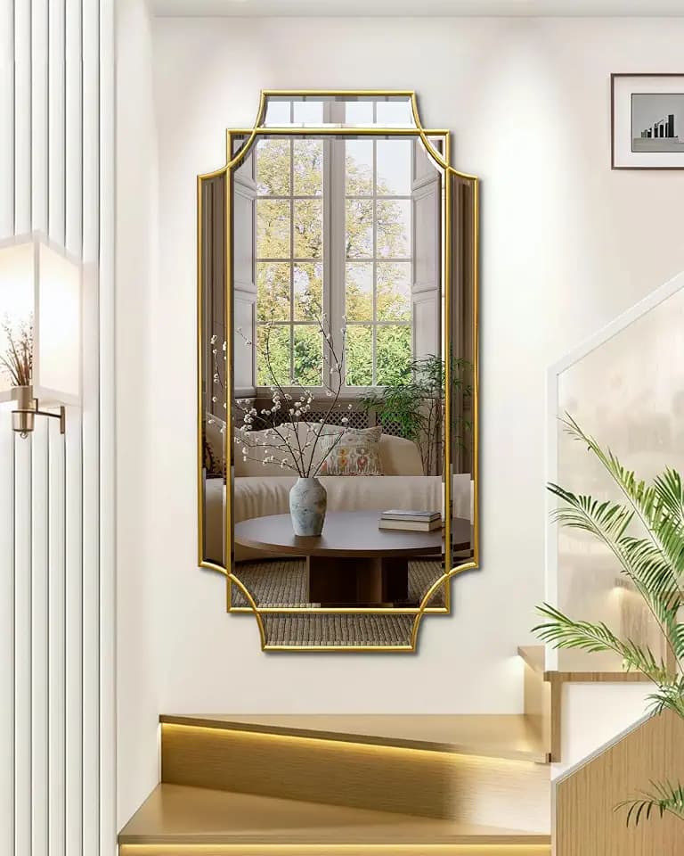 HQiJun Wall Mirror Full Length, 47" x 24" Gold Wood Framed Full Body Mirror, Scalloped Beveled Polished Decorative Mirrors, Large Rectangle Irregular Mirror for Bathroom/Bedroom/Living Room/Entryway