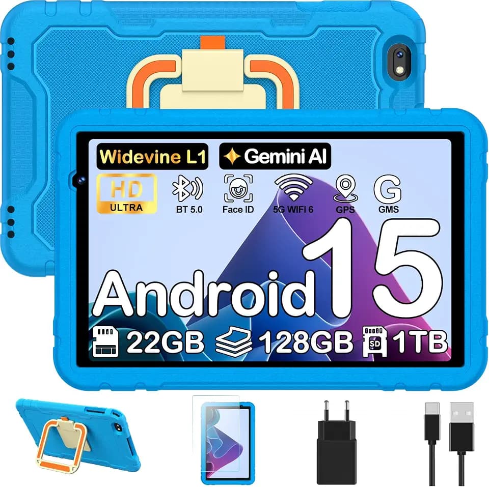 Android 15 Tablet Kinder, 10 Zoll Tablet, 22 GB RAM + 128 GB ROM, Kindersteuerung, 8000 mAh, Octa-Core, 5MP+8MP mit 5G Wifi6, stoßfeste EVA-Schutzhülle + 360° drehbare Halterung (Blau)