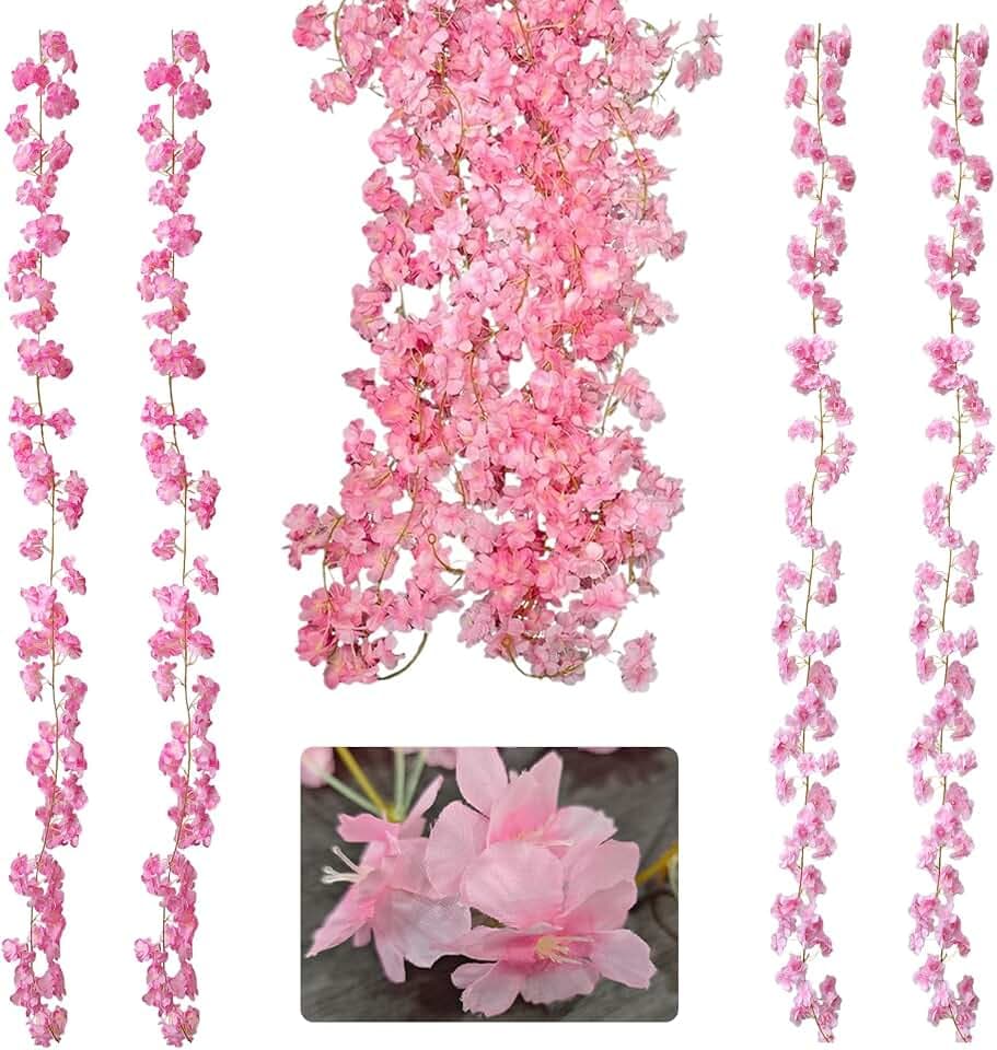 4 Stück 1,8M Kirschblüten Deko Blumengirlande Kunstblumen Girlande Rosa Deko Girlande Hochzeit Cherry Blossom Hängende Kunstblumen Ranke für Garten, Balkon, Fenster Dekoration (Hellrosa)
