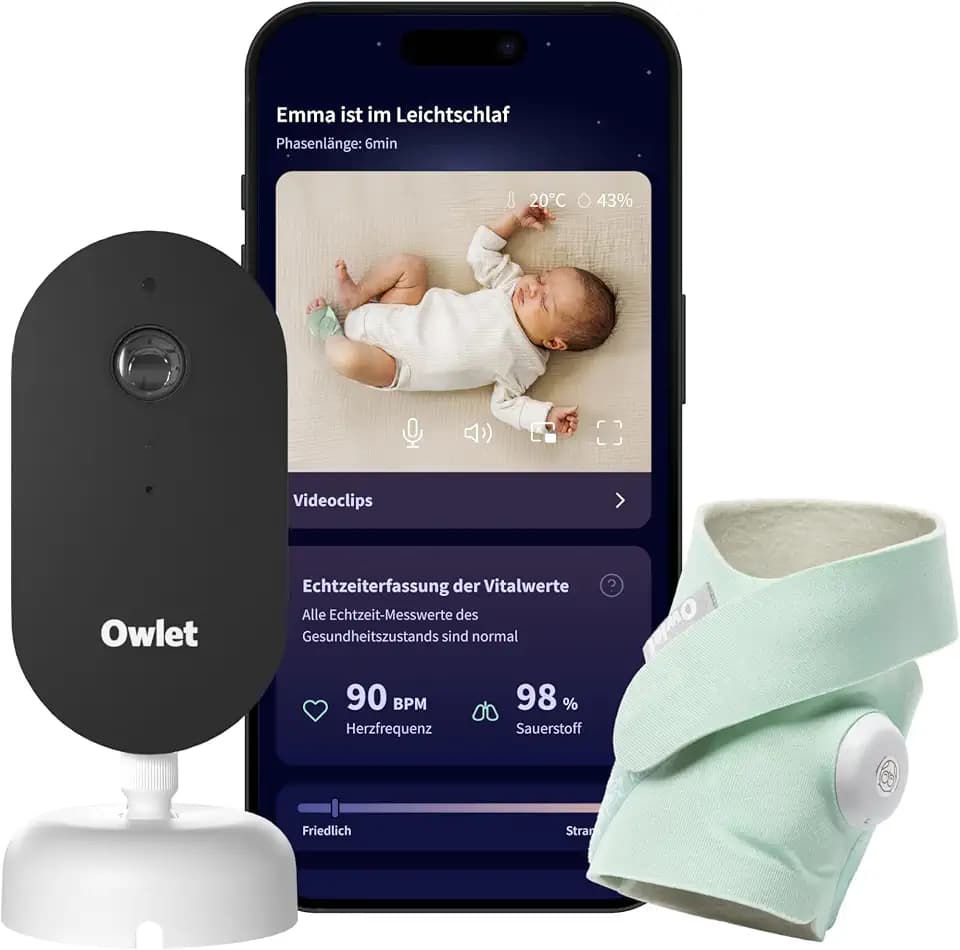 Owlet Dream Duo – Smartes Babyphone mit Sock & 2K-Kamera, Mint | Sensorbasiertes Babyphone mit Schlaftracking, Echtzeit-Benachrichtigungen, WLAN, App-Steuerung, 0–18 Monate