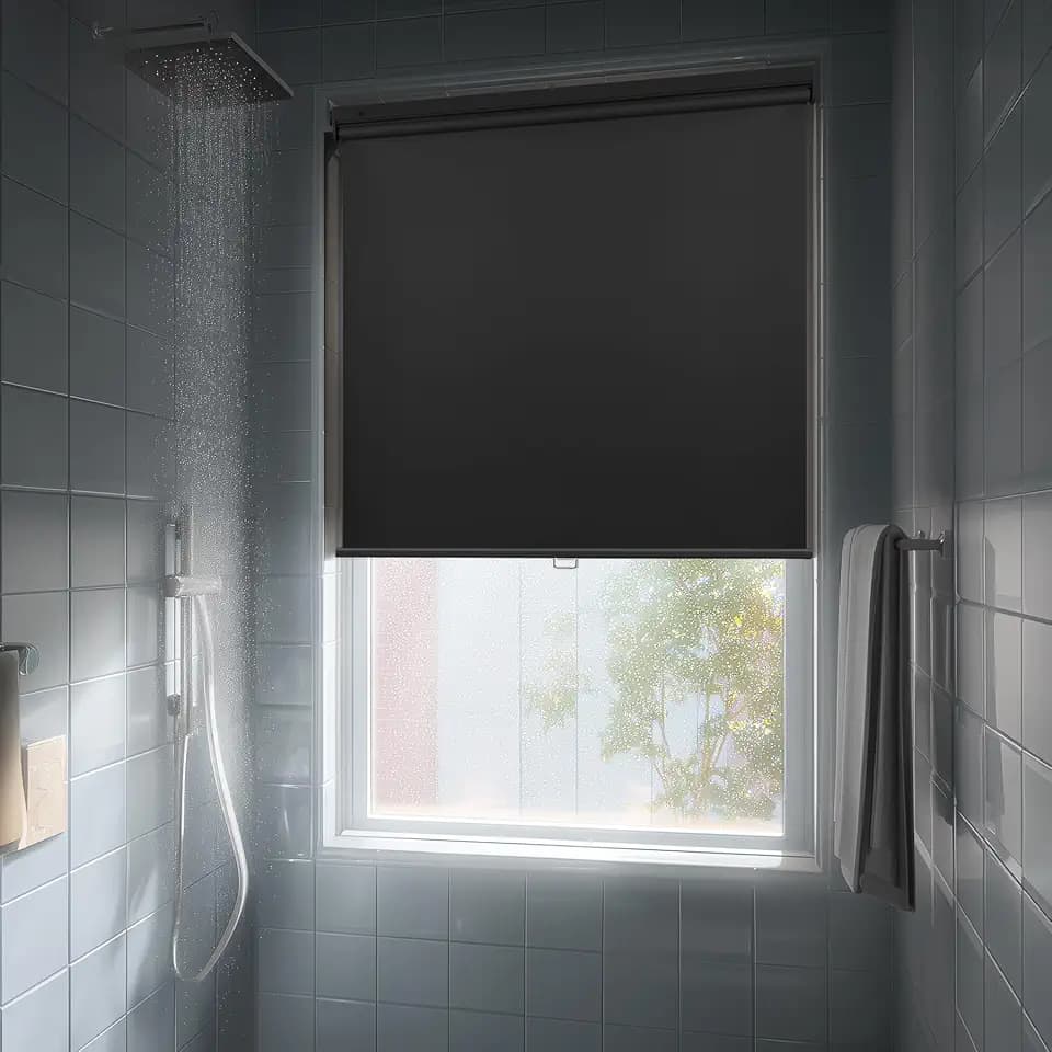HESTIA No Drill Cordless Blackout Roller Shades Screwless Waterproof Shower Window Blinds, Auto-Retraction Easy Install Blind for Bathroom/Kitchen/Office/Exterior, Black, 22" W x 72" H