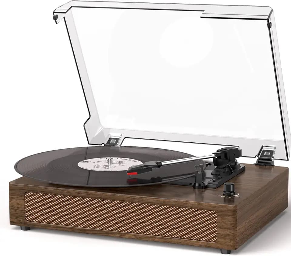 Vintage Vinyl Record Player with Bluetooth & Built-in Stereo Speakers, 3-Speed Belt-Drive Turntable with Auto Stop, RCA Output & AUX in/Out, Classic Walnut Wood