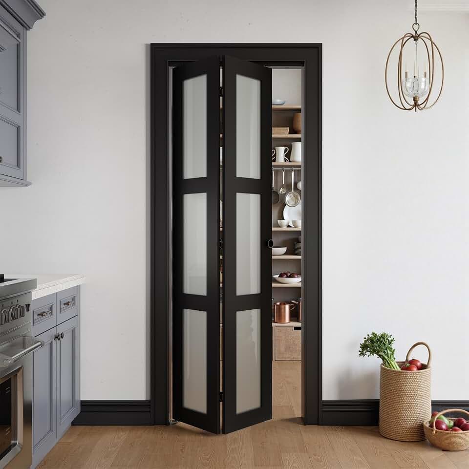 Bifold Doors for 32" x 80" Opening,Tempered Frosted Glass,Black