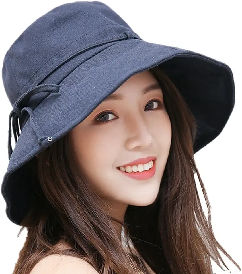 Damen Hut Soleil Baumwolle breiter Krempe Visier Capeline faltbar UV UPF 50 + Sunhat atmungsaktiv mit Bowknot für Strand Reise Camping Freizeit Frühling Sommer, dunkelblau