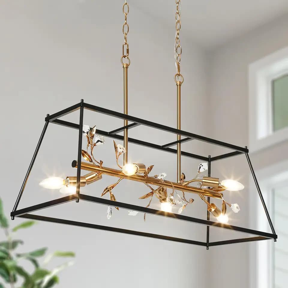 KSANA Black and Gold Chandeliers, 6-Light 31.5'' Large Rectangle Kitchen Island Lighting with Crystal Decorations, Modern Dining Room Chandelier Light Fixture Over Table