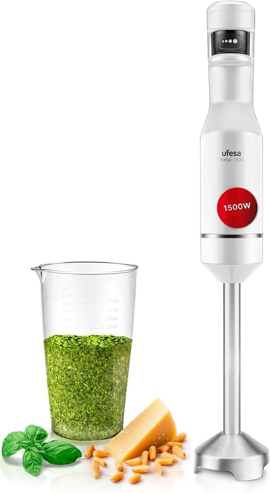 Ufesa Stabmixer Stellar TouchSpeed 1500W, Digitalanzeige, Variable Touch-Geschwindigkeit, 4 Hochleistungs-Klingen, Ergonomisches und Spritzfreies Design, Messbecher Inklusive, BPA-frei