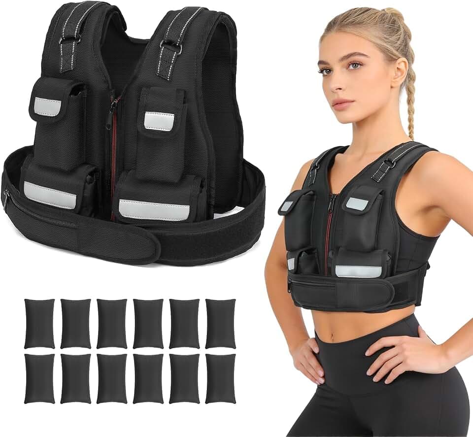 KRYLIX Adjustable Weighted Vest 0-18lbs Wide Range Adjustment Adjustable Shoulder Straps 12 Removable Iron Sand Bags Storage Pocket Reflective Strips for Running Walking Workout Training Washable for Women Woman