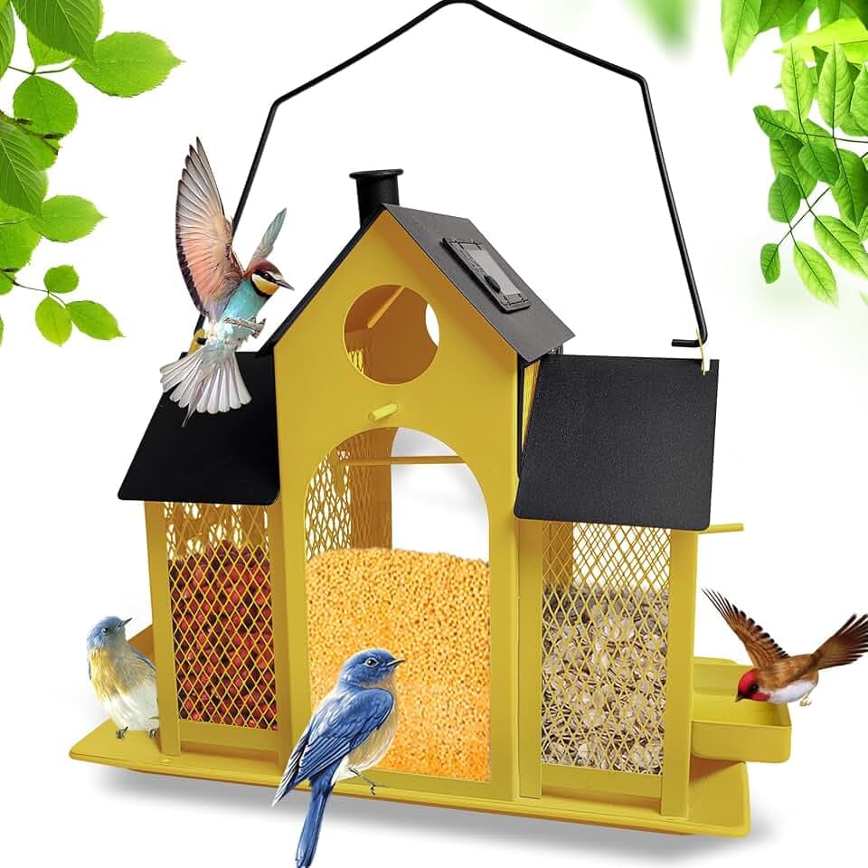 Solar Bird Feeder House for Outside Hanging, Large Capacity Birdhouse Bird Feeders Hanging for Outdoors, Metal Mesh Wild Birdfeeder for Finch Cardinal (Yellow and Black)