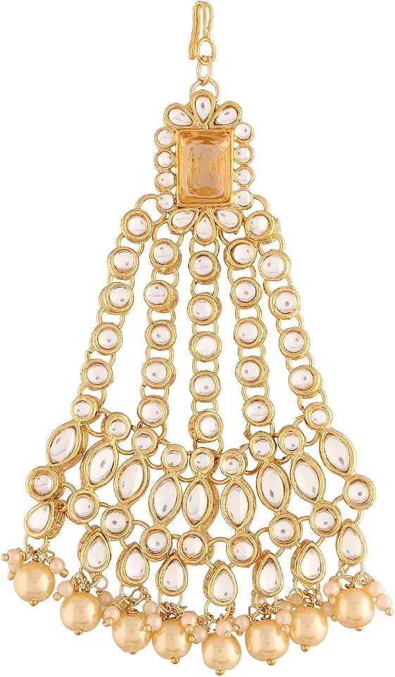 I Jewels 18k Gold Plated Indian Wedding Bollywood Mughal Beautiful Long Pearl Kundan Jhumar Passa/Jhoomar Maang Tikka for Women (T2054FL)