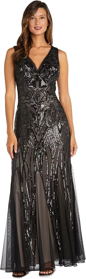 R&M Richards Women's Luxurious Sequin Embellished Gown | V-Neck Formal Beaded Maxi Dress W/Contrast Lining & Godet Skirt