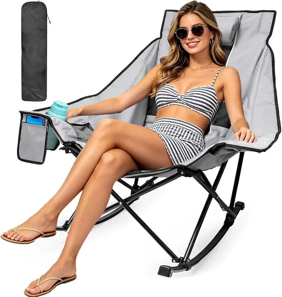 ZENPETIO Oversized Rocking Camping Chair, Folding Rocker Chairs, Gray Black