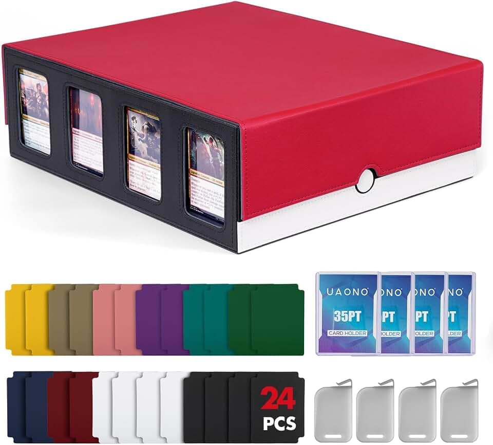 UAONO Sammelkarten Aufbewahrungsbox mit Commander Display; 2400+ Deck Box für MTG mit abnehmbarem Deckel; Toploader Kartenetui passt für Magic TCG PTCG Sportkarten; 24 Trennwände, 4 Stopper (Rot, Weiß