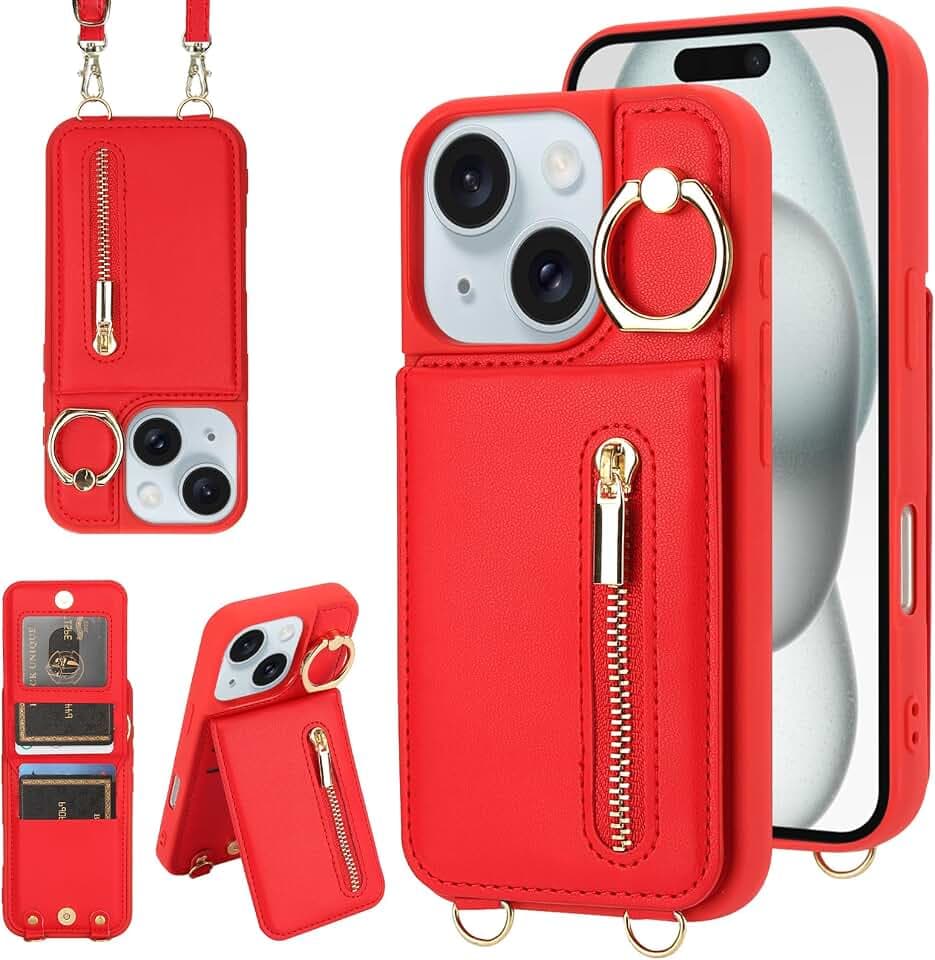 Crossbody Wallet Case for iPhone 13/14 with Lanyard Strap Card Slot Holder RFID Blocking Ring Kickstand,Magnetic Flip Folio Zipper Purse Case, PU Leather Cover Handbag,Red