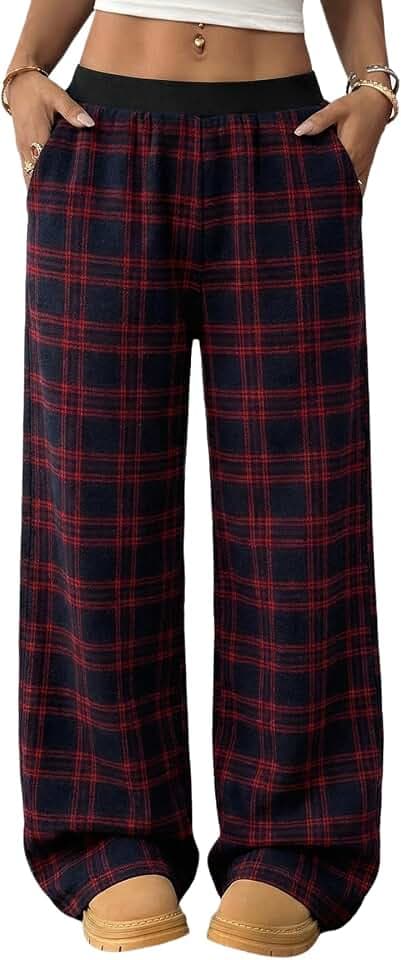 WDIRARA Girl's Plaid Wide Leg Long Baggy Pants with Pockets
