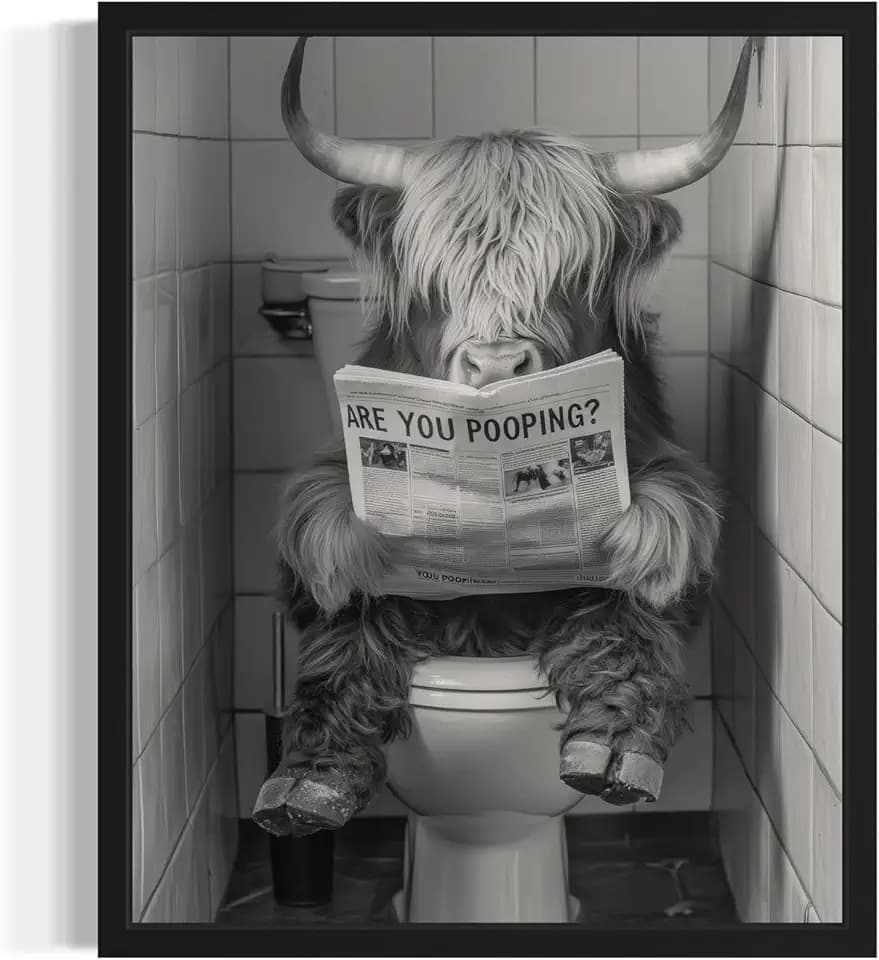 Highland Cow on Toilet Bathroom Unframed Wall Art Print Poster, Animal Restroom Decor Posters Prints Home Picture Painting Artwork Gallery 9 (Highland Cow on Toilet, 20"L x 16"W, Unframed)