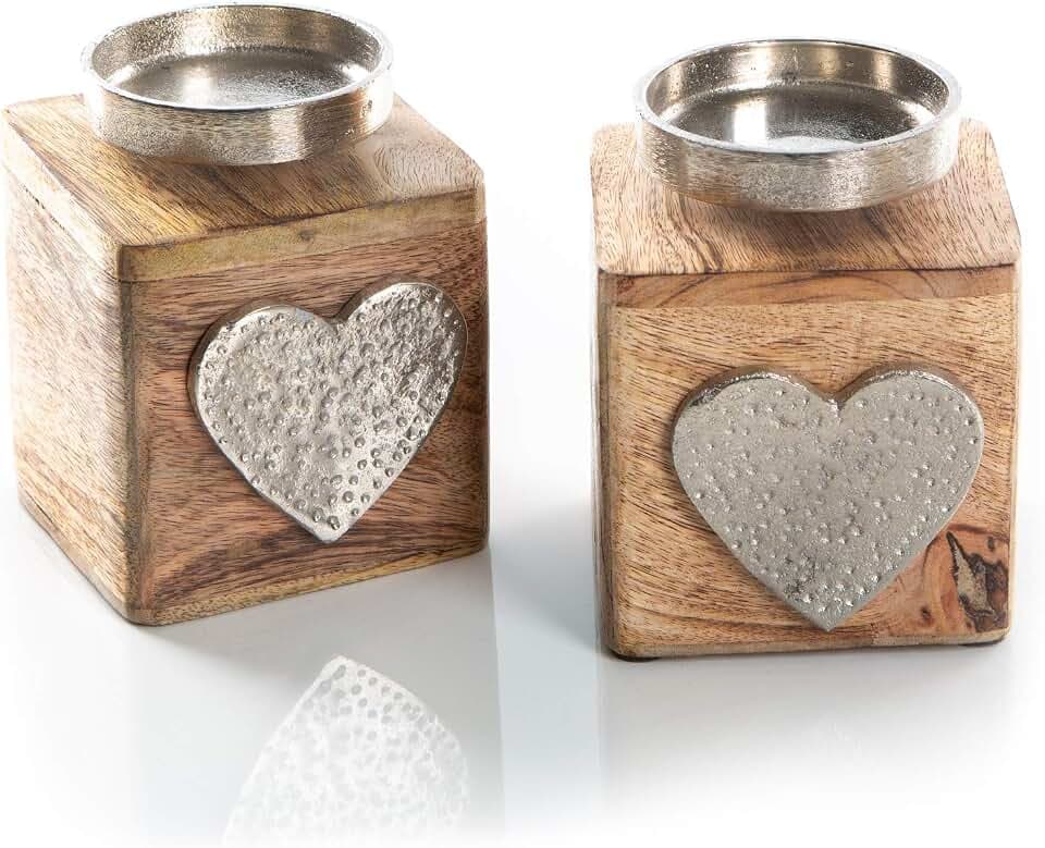 Logbuch-Verlag 2 Kerzenständer Geschenk Geburtstag Hochzeit Holz Silber Metall 10 x 10 cm Liebe Zwei Herzen