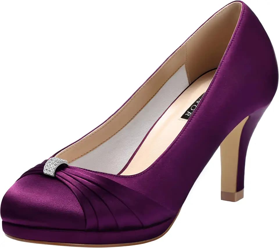 ERIJUNOR Women Comfortable Mid Heel Pumps Closed Toe Rhinestones Brooch Satin Evening Prom Wedding Shoes