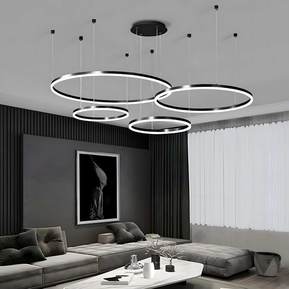 Metall LED Kronleuchter | 4 Kreise 40+60+80+100cm | 120W Rings Deckenhängelampe, Dimmbare Fernbedienung 3000–6000K, Acryl Schirm Pendelleuchte, Wohnzimmer Schlafzimmer Esszimmer【Schwarz】