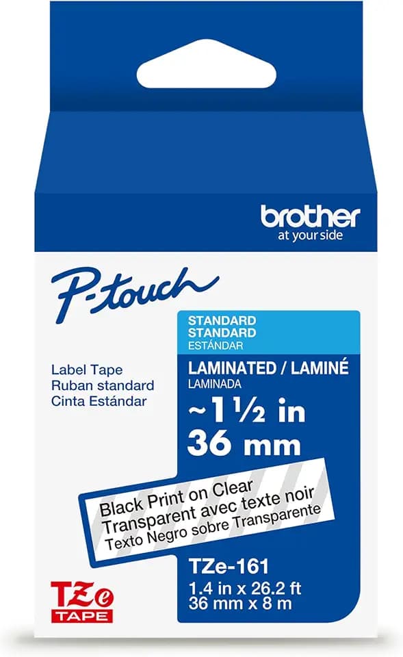 Brother Genuine P-Touch TZe Black Print on Clear Label Tape (TZe161), Laminated,1-1/2in x 26.2ft (36mm x 8m), for Select P-Touch Label Makers, Durable, Water-Resistant, Indoor/Outdoor Use
