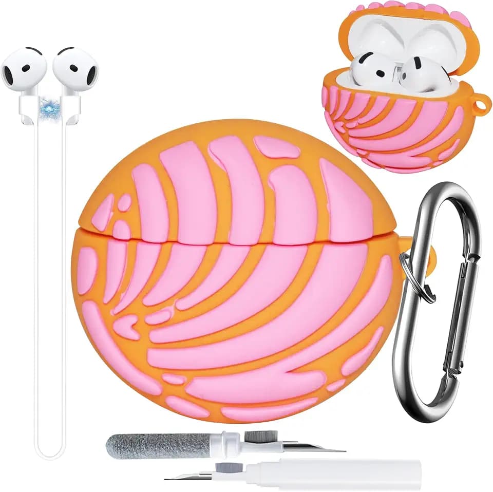 for AirPods 4th/5th Generation Case Cover 2024/2026 with Magnetic Strap & Cleaner Pen Kit, Cool Cute Cartoon Funny Food Soft Silicone Shockproof for AirPods 4 Case Accessory with Keychain(Macron)