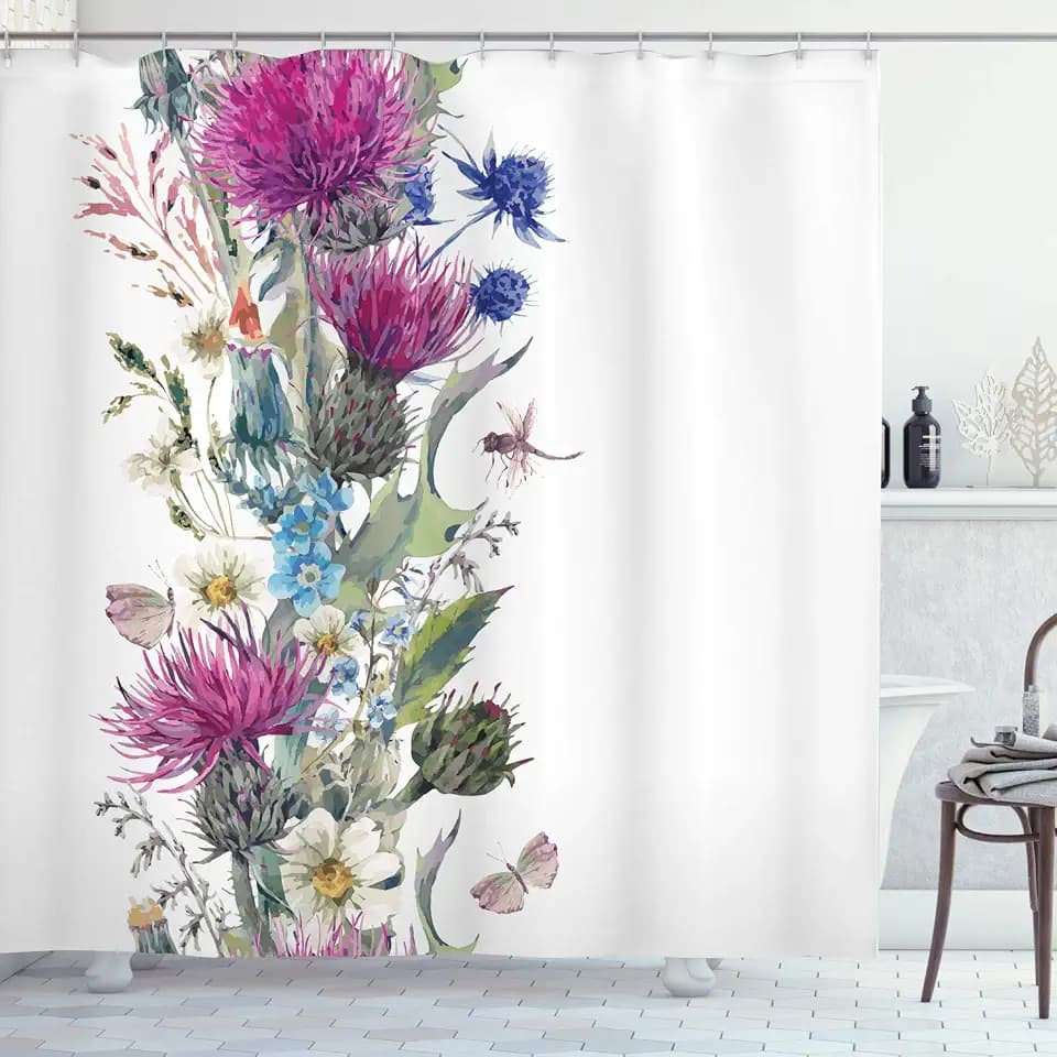 ABAKUHAUS Distel Duschvorhang, Vintage Herbal Border, Stoffliches Gewebe Badezimmerdekorationsset mit Haken, 175 x 180 cm, Grün Magenta