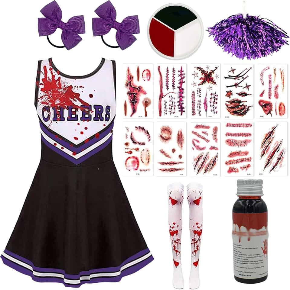 Cheerleader Kostüm Kinder, Halloween Kostüm Damen, 17 Stück Cheerleading Outfit mit Kleid Halloween Gruseliger Kostüm, für Gruseliger Mottopartys