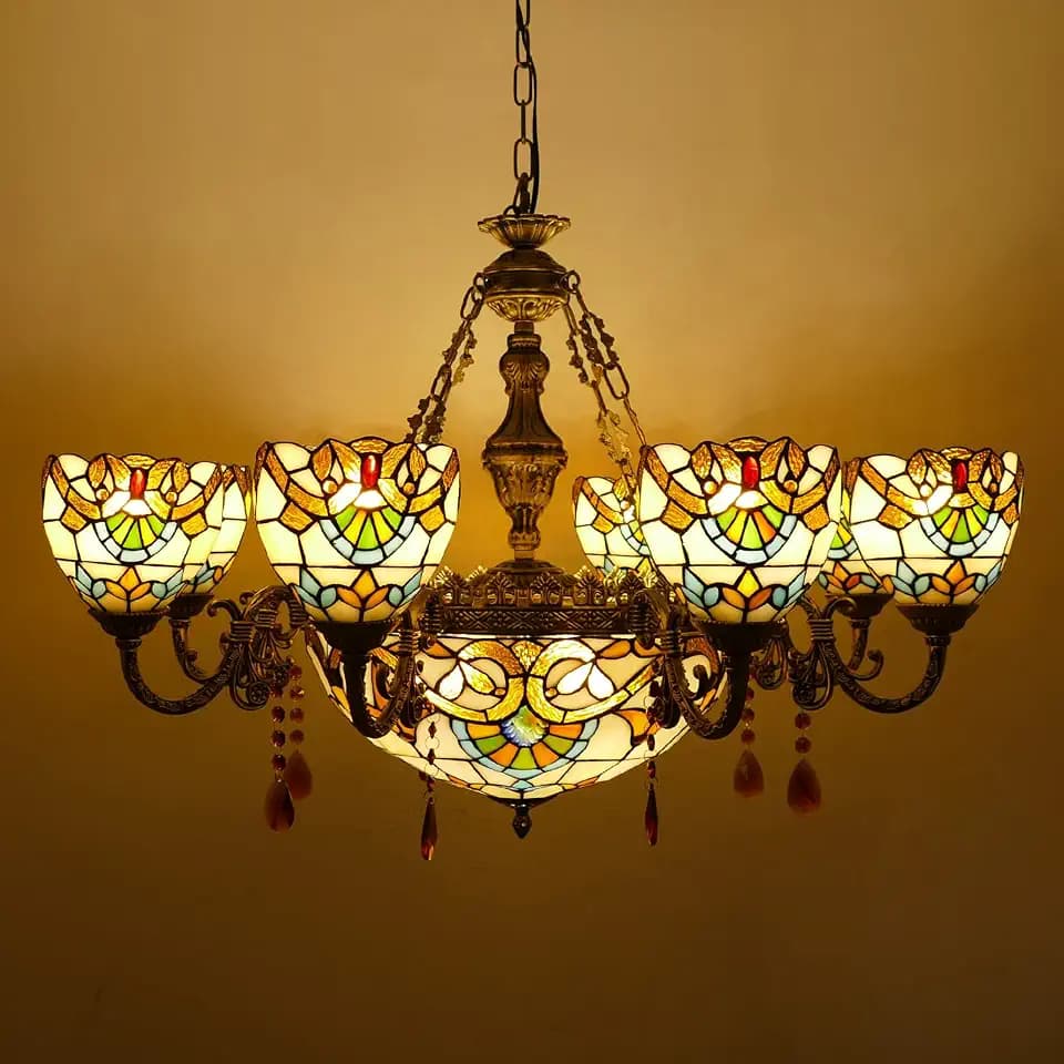 11-Light Tiffany Dining Room Chandelier Stained Glass Victorian 35