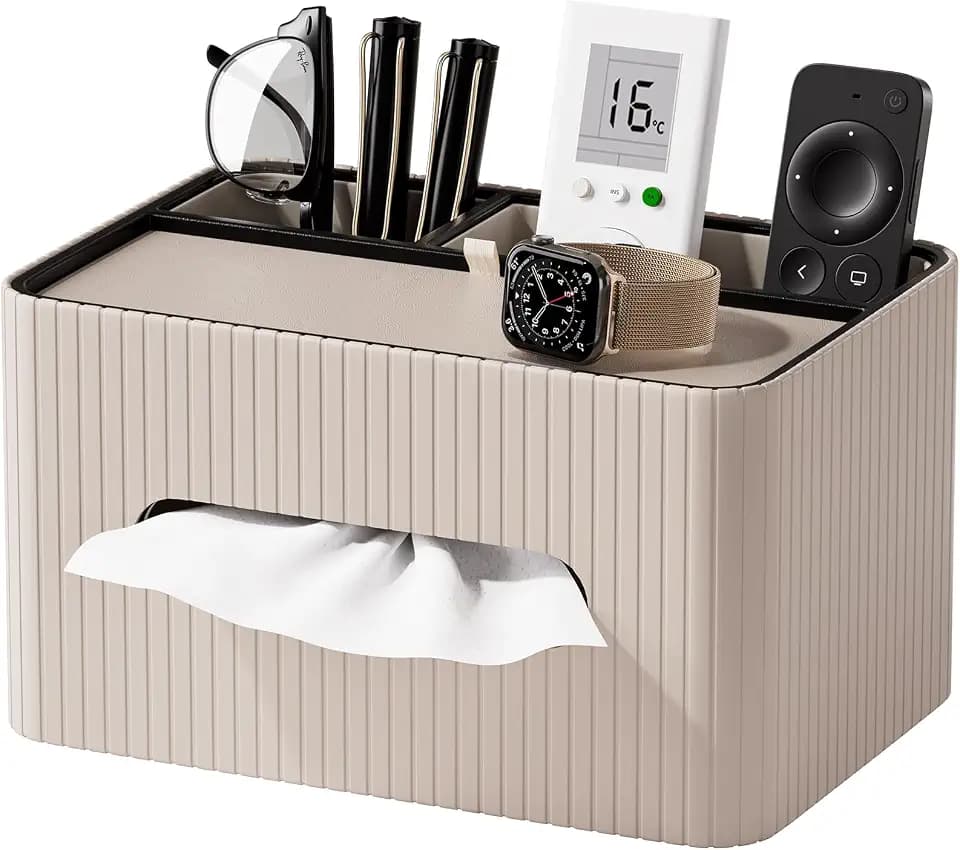 KINGFOM Kosmetiktücherbox aus PU Leder mit Ablage, Rechteckige Taschentuchbox mit 2 Fächern – Moderne Tissue Box Taschentuchspender für Wohnzimmer, Badezimmer & Büro, Tücherbox Organizer (Beige)