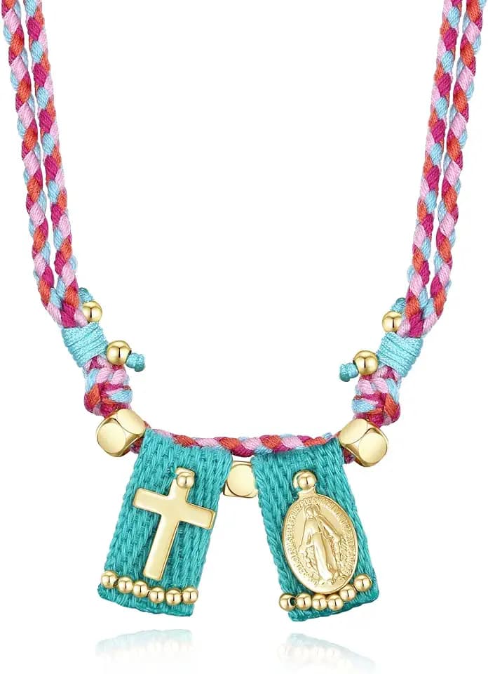 Virgin Mary Cross Scapular Necklace - 18K Gold Plated Catholic Pendant, Adjustable Colorful Cord, Handmade Gift for Women Baptism First Communion, Spiritual Protection Jewelry‌