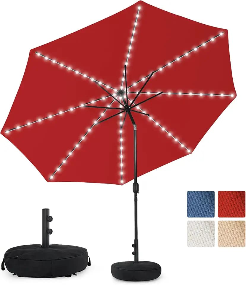 Sundale Outdoor OLEFIN Solar Patio Umbrella with Sand Bag Umbrella Base, Outdoor Umbrella LED with Tilt and Crank