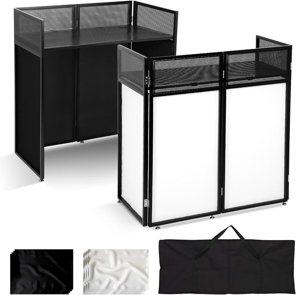 Portable DJ Booth Table Station 44"x42.2"x20.6", Foldable Frame DJ Facade