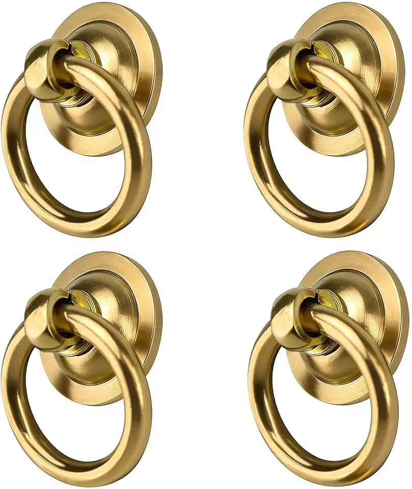 4 Packs Gold Vintage Ring Drawer Pulls Handles, Round Retro Antique Brass Cabinet Ring Pulls with Screws, Drop Circle Knobs Hardware for Drawer Dresser Door Cupboard