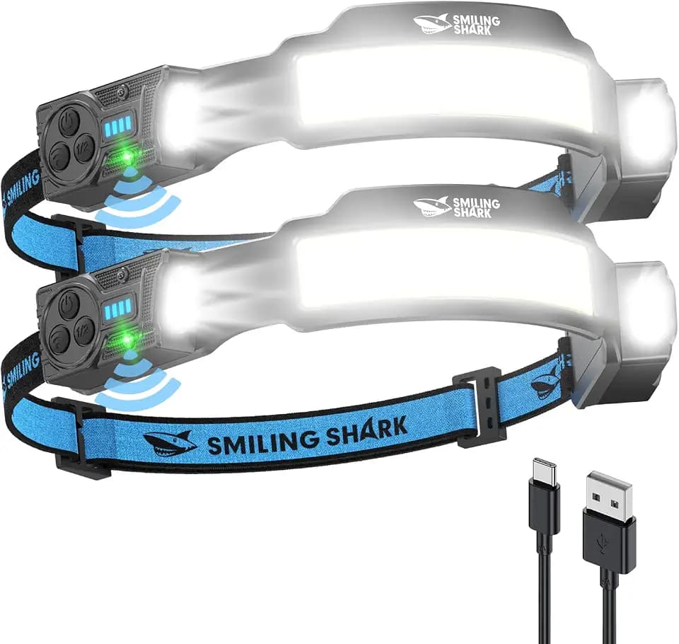 Smiling Shark TS-4 Kopflampe, LED Stirnlampe Aufladbar 2400mAh mit Schwenkbares Dual-Spotlight & 4x Floodlight & Strobe mit Bewegungssensor Hands-Free Design für Camping Joggen Wandern Laufen (2 Pack)